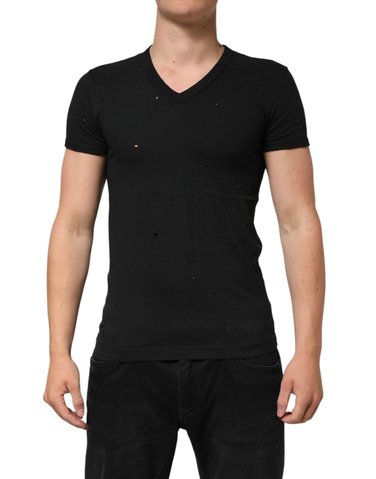 Black Cotton Tattered Logo V-Neck Men T-shirt