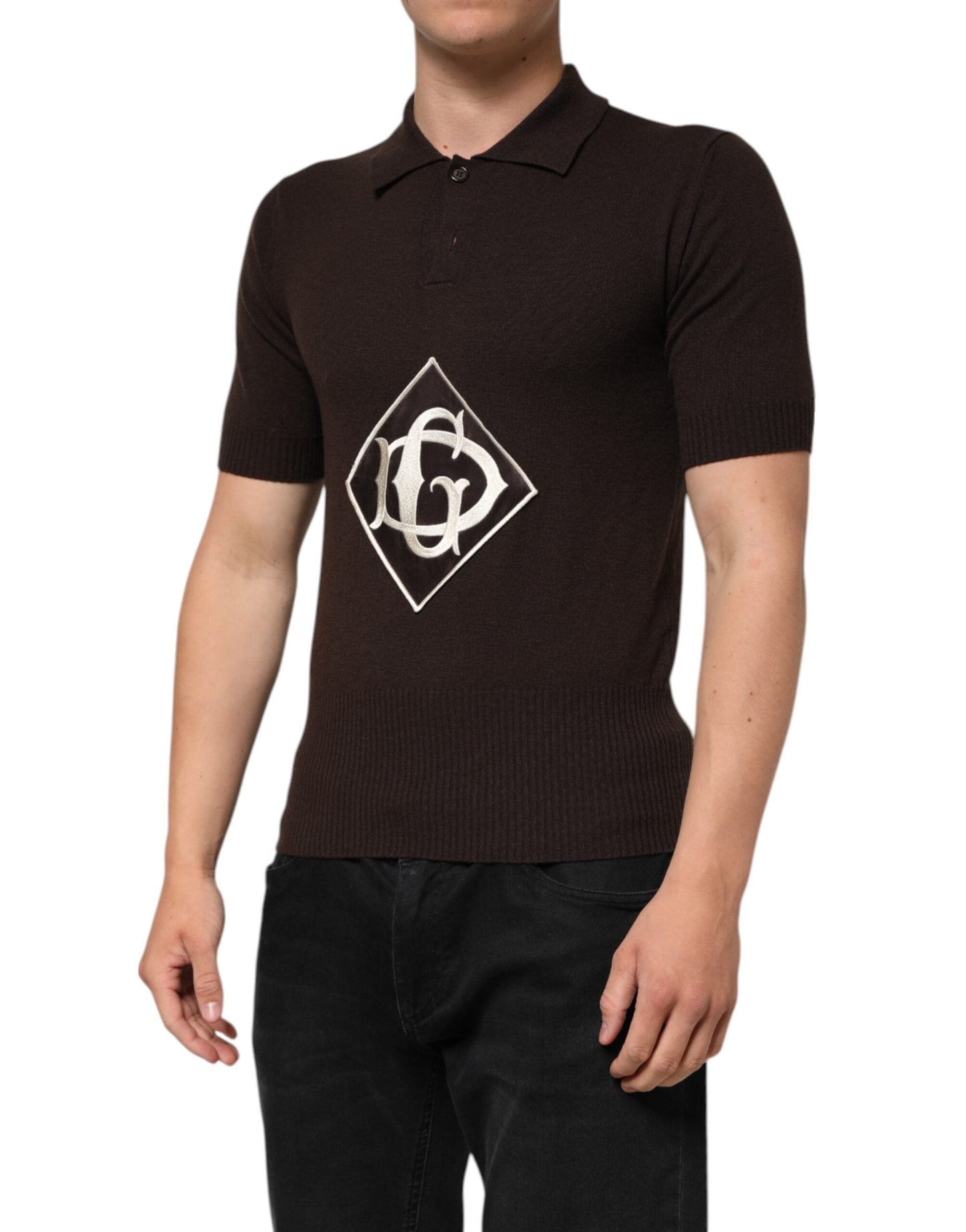 Brown Wool Logo Embroidered Men Polo T-shirt