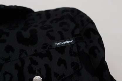 Cotton Black Leopard Long Sleeve Denim Jacket
