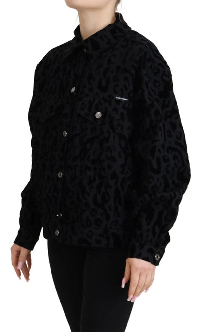 Cotton Black Leopard Long Sleeve Denim Jacket