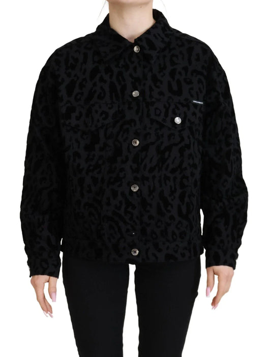 Cotton Black Leopard Long Sleeve Denim Jacket