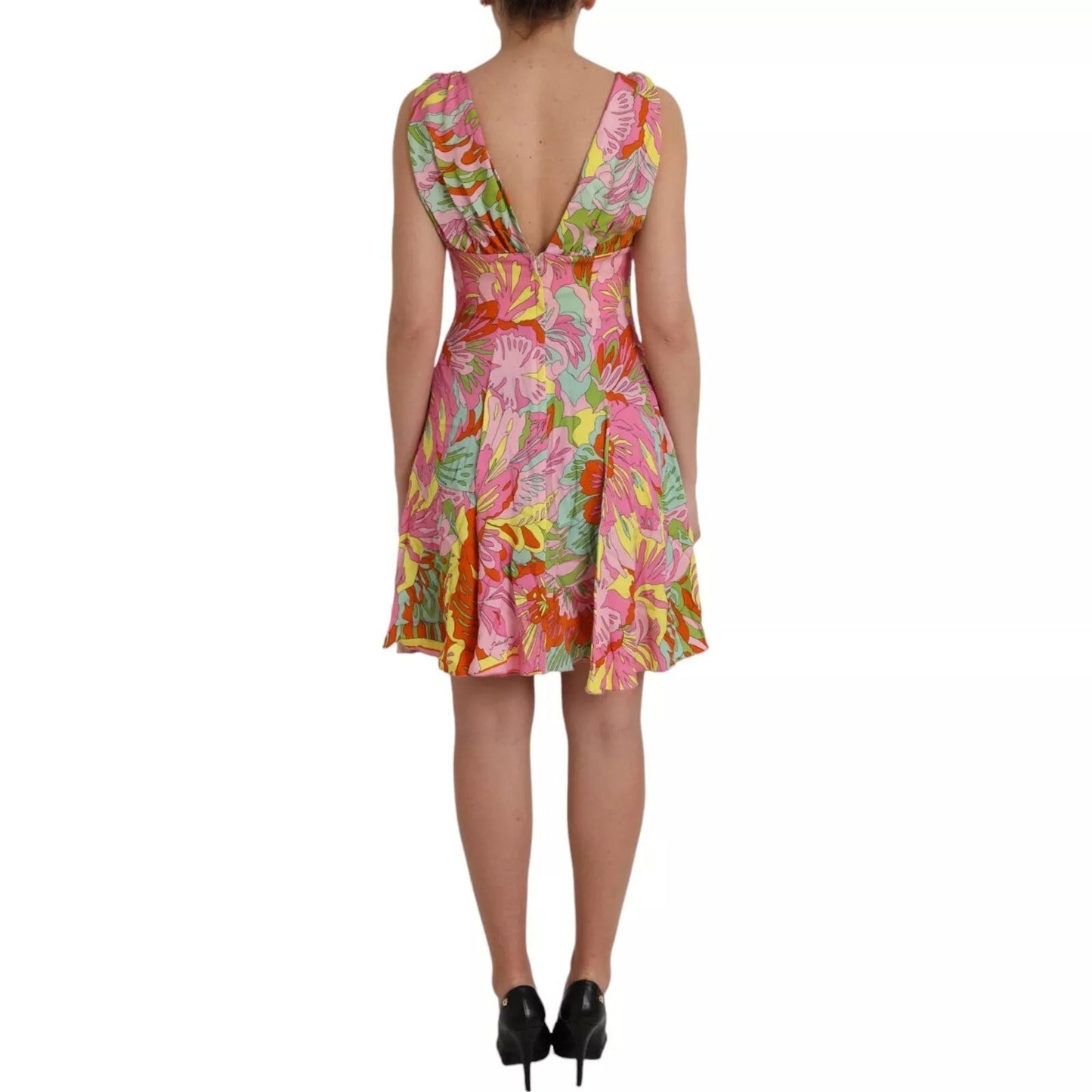 Multicolor Floral Silk Flared Mini Dress