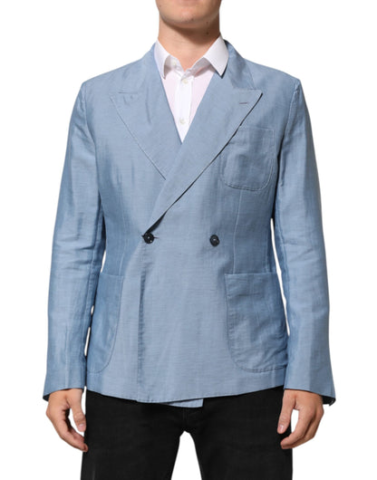 Light Blue Linen Double Breasted Men Jacket Blazer