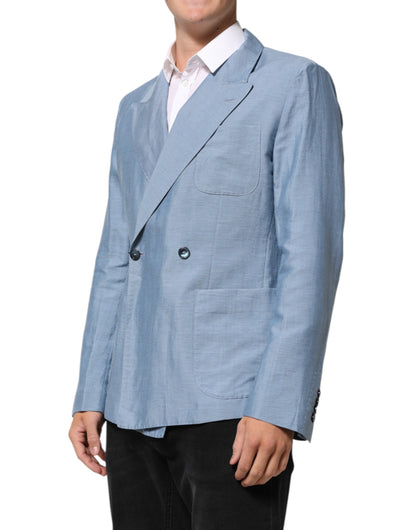 Light Blue Linen Double Breasted Men Jacket Blazer