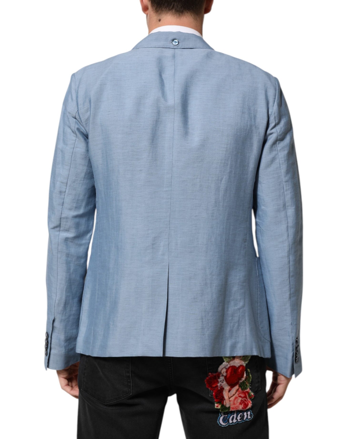 Light Blue Linen Double Breasted Men Jacket Blazer
