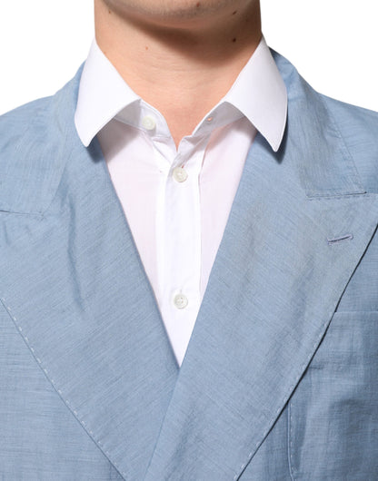 Light Blue Linen Double Breasted Men Jacket Blazer