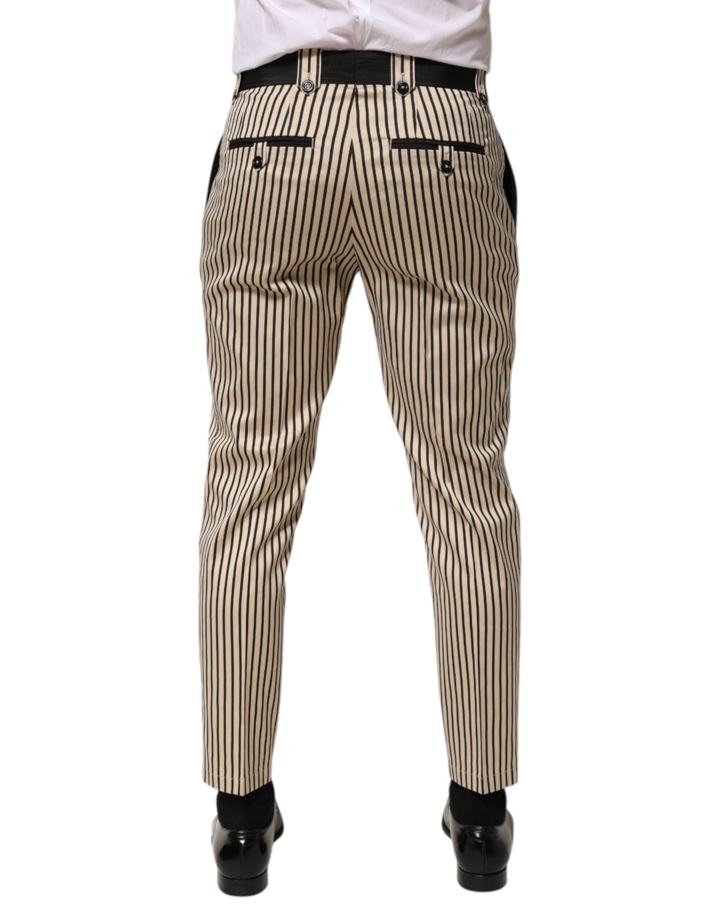 Beige Black Striped Cotton Slim Fit Trousers Pants