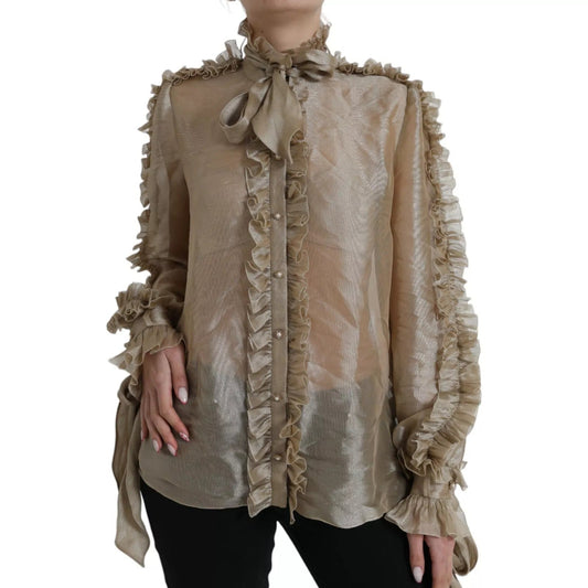 Gold Ascot Collar Ruffles Blouse Top