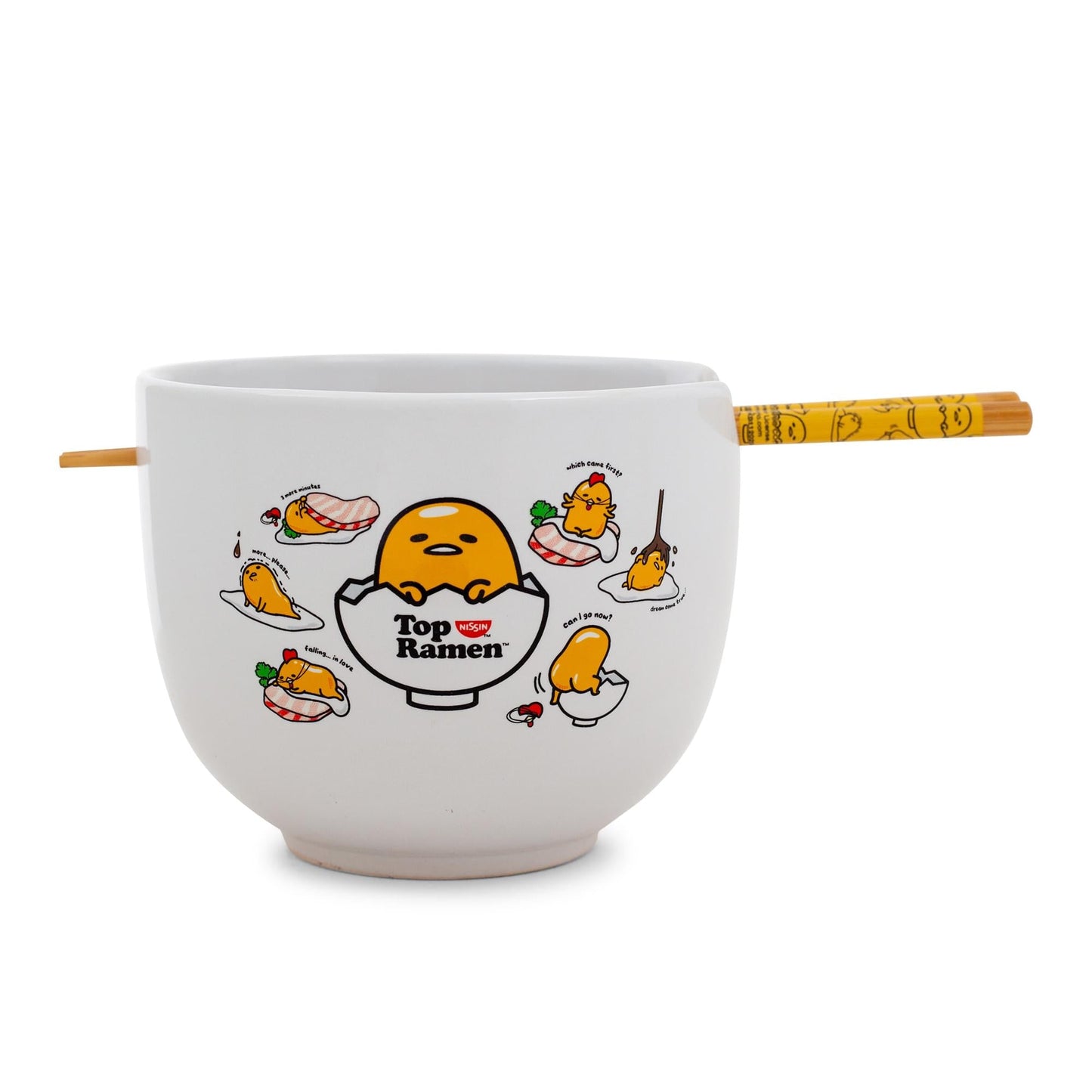 Sanrio Gudetama x Nissin Top Ramen Yolk Poses 20-Ounce Ramen Bowl With Chopsticks
