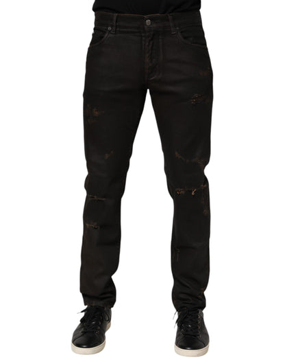 Dark Brown Tattered Cotton Skinny Denim Jeans