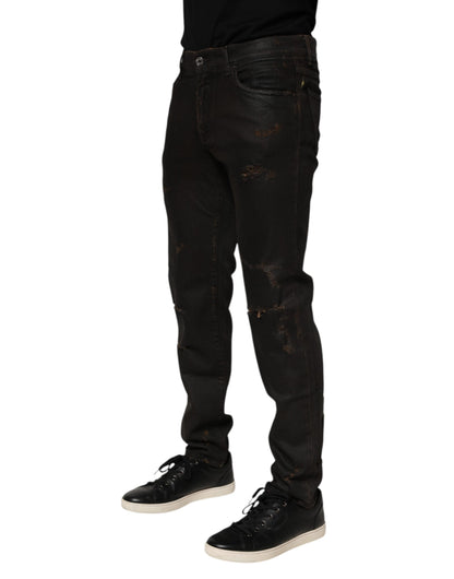 Dark Brown Tattered Cotton Skinny Denim Jeans