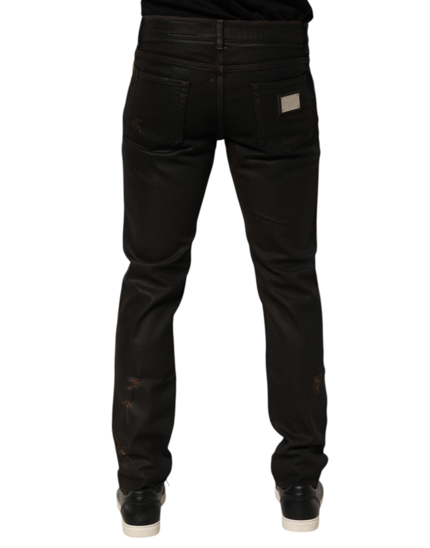 Dark Brown Tattered Cotton Skinny Denim Jeans