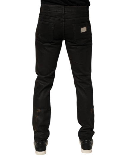 Dark Brown Tattered Cotton Skinny Denim Jeans