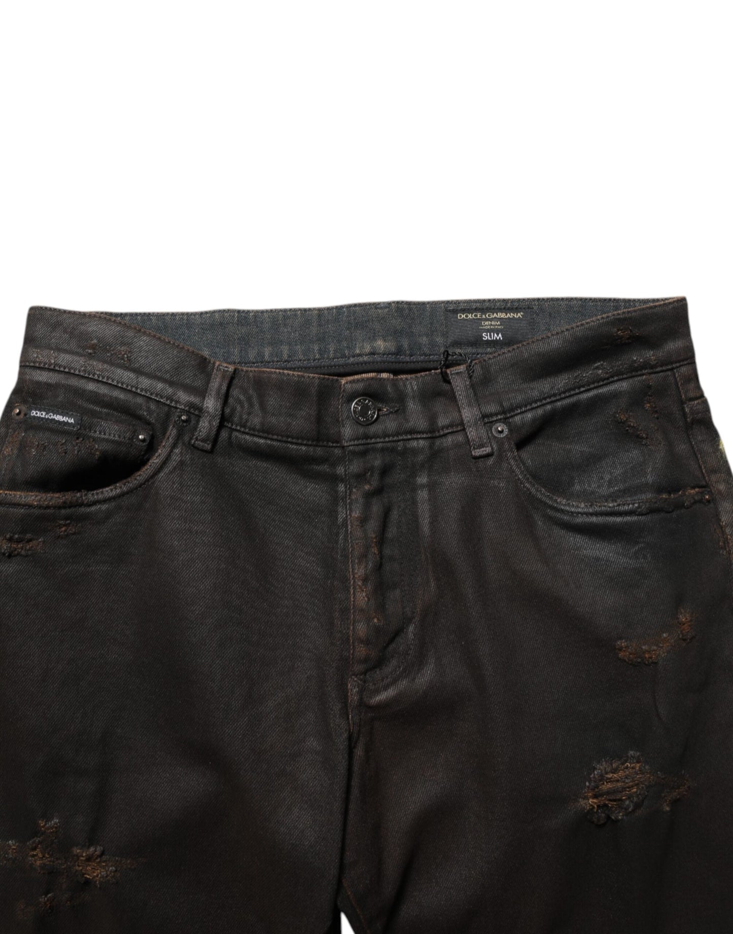 Dark Brown Tattered Cotton Skinny Denim Jeans