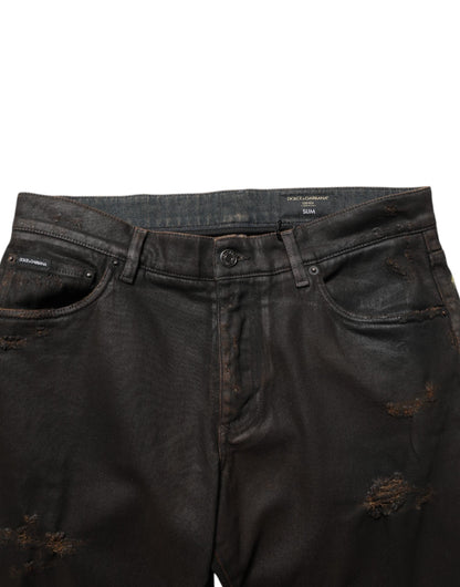 Dark Brown Tattered Cotton Skinny Denim Jeans