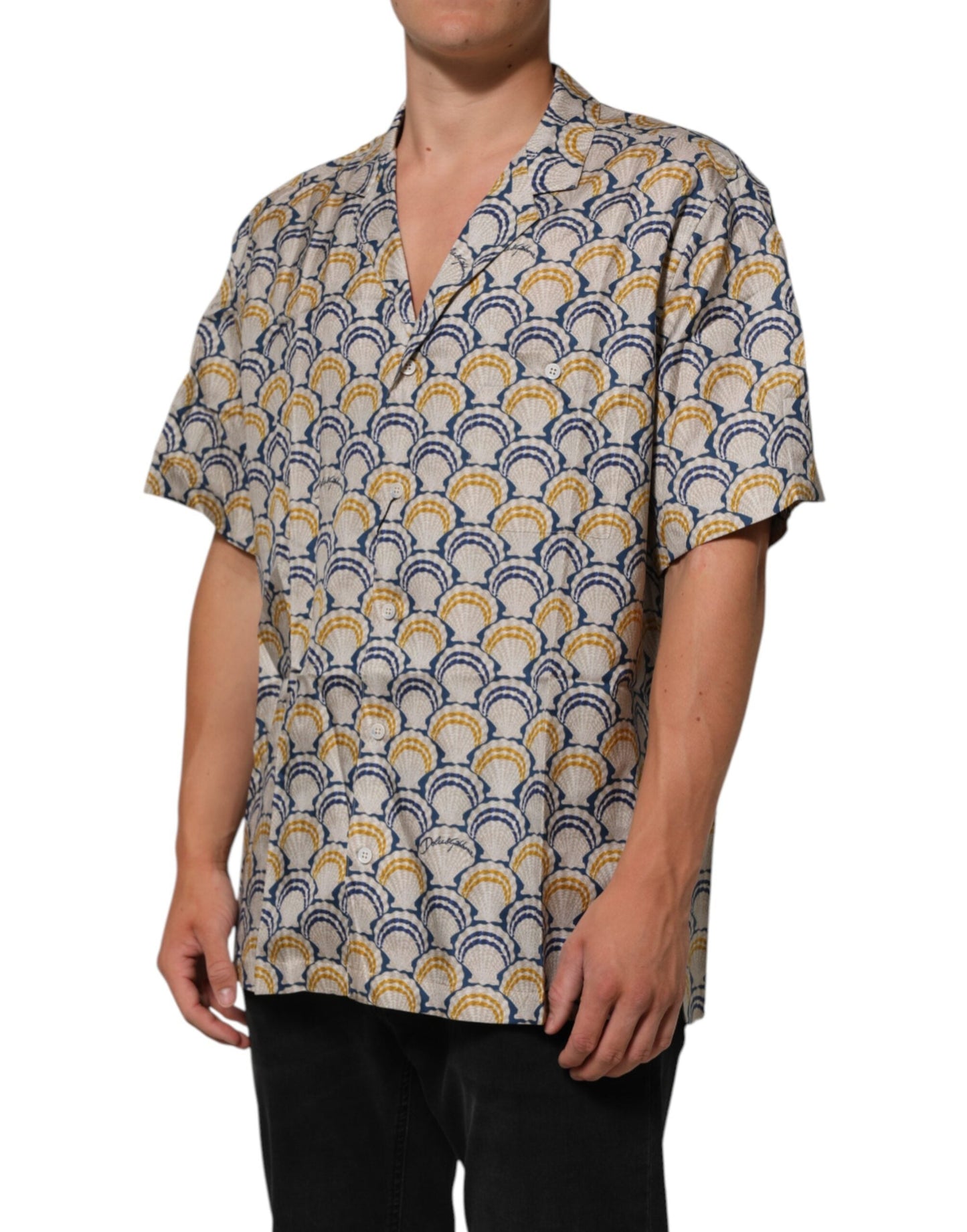 Cream Cotton Silk Hawaii Scallop Shell Print Shirt