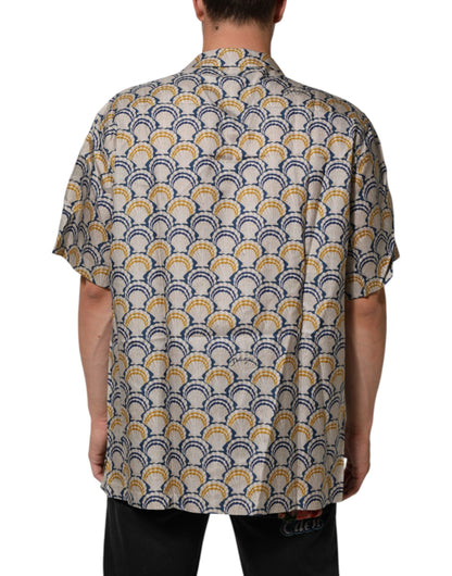Cream Cotton Silk Hawaii Scallop Shell Print Shirt