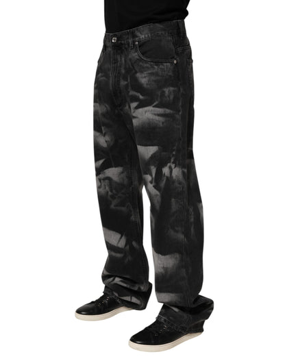 Black Marbled Effect Straight Men Denim Jeans