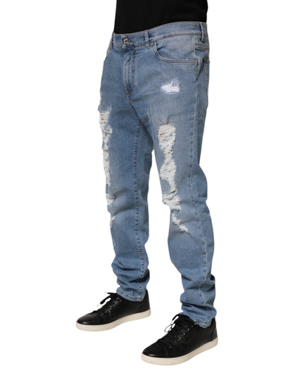 Blue Tattered Slim Fit Cotton Denim Jeans