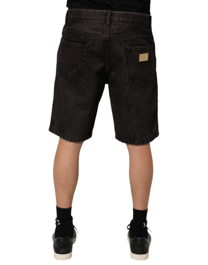 Black Cotton Tattered Denim Men Bermuda Short