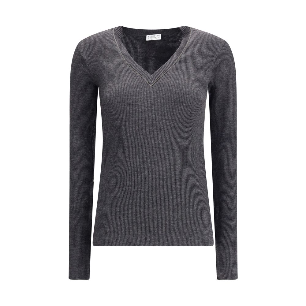 Long sleeve wool ribbed jersey T-shirt with shiny trim
