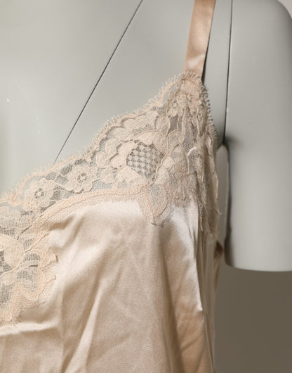 Nude Chemise Lingerie Silk Blend Lace Trim Dress