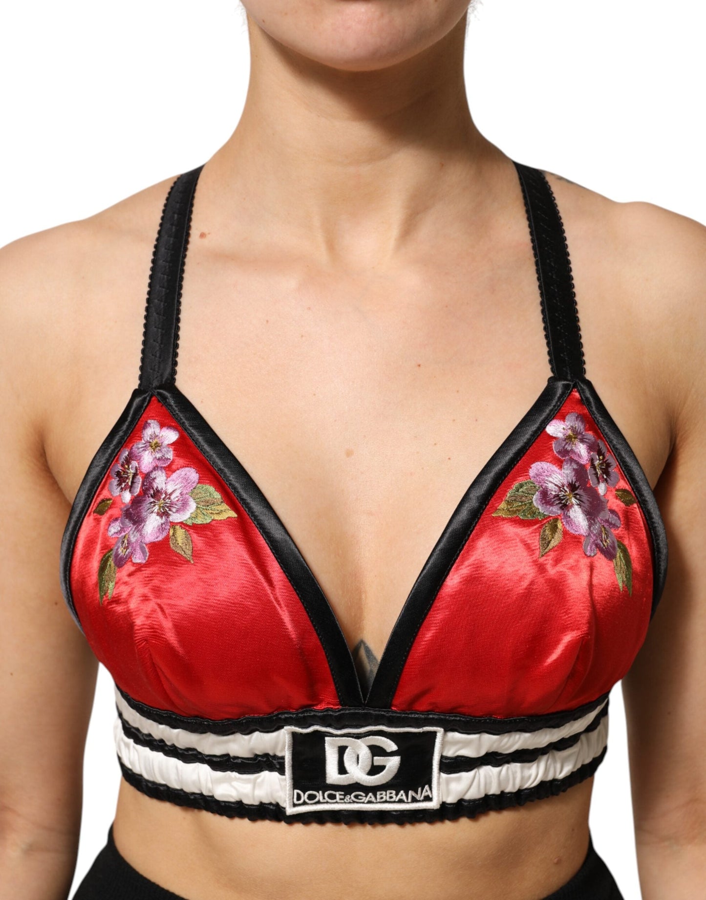 Red Satin Floral Embroidered Bralette Crop Top