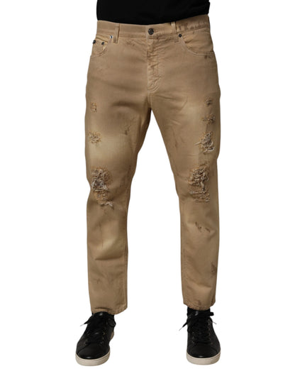 Beige Cotton Loose Tattered Men Denim Jeans
