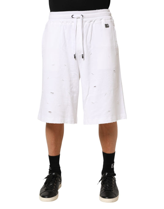 White Cotton Ripped Bermuda Sweatpants Shorts