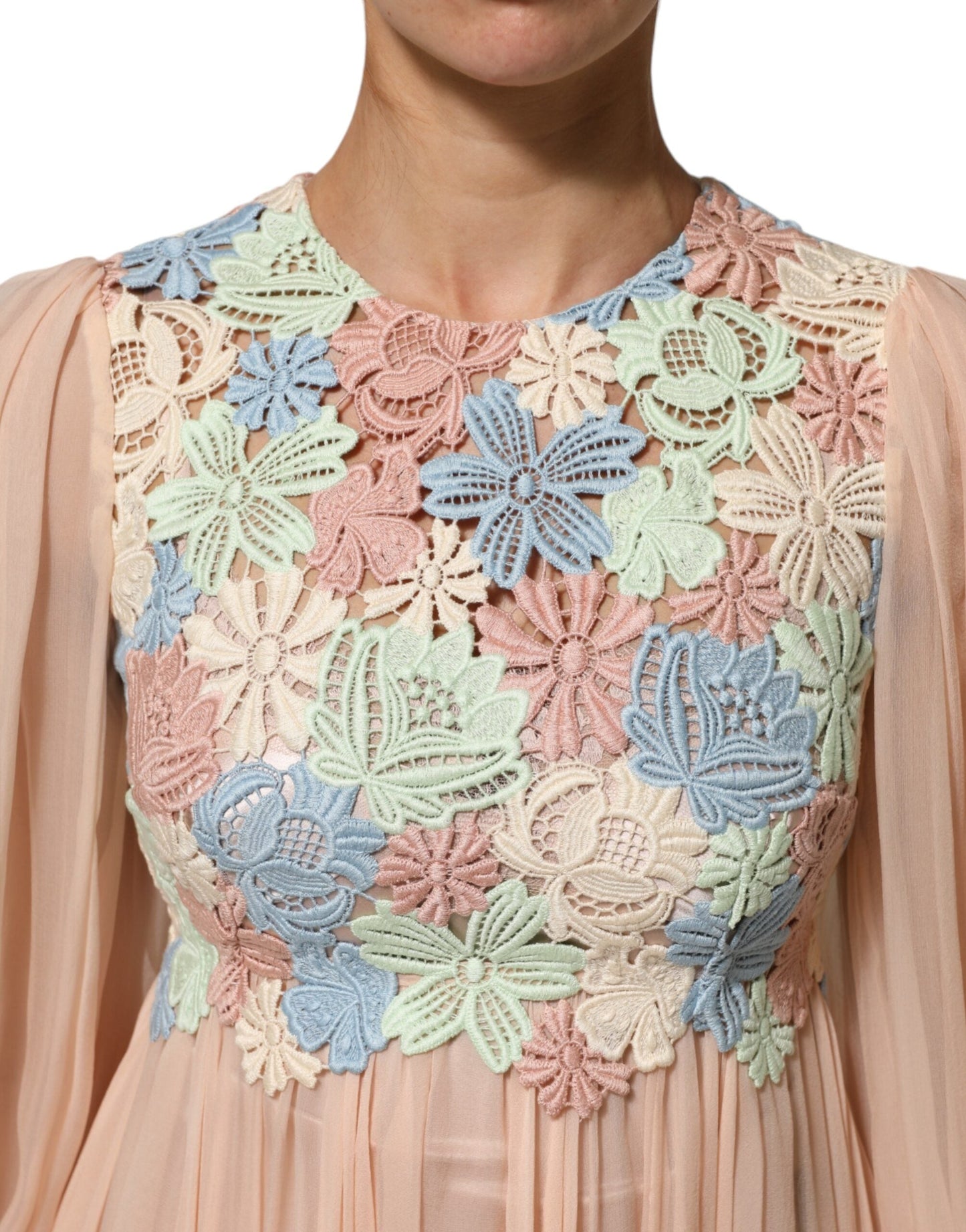 Pink Floral Embroidery Pleated A-line Dress