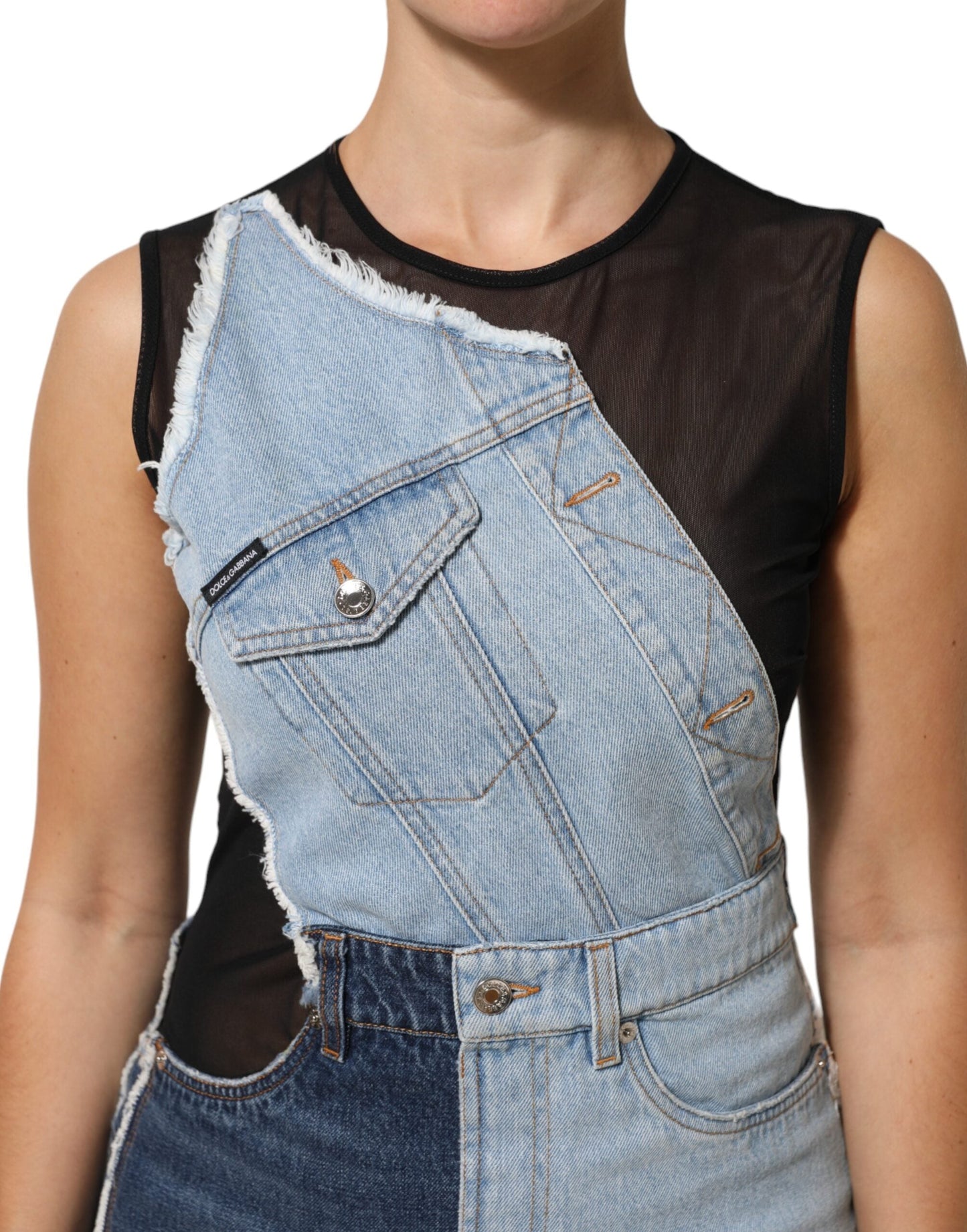 Blue Nylon Patchwork Denim Sheath Mini Dress