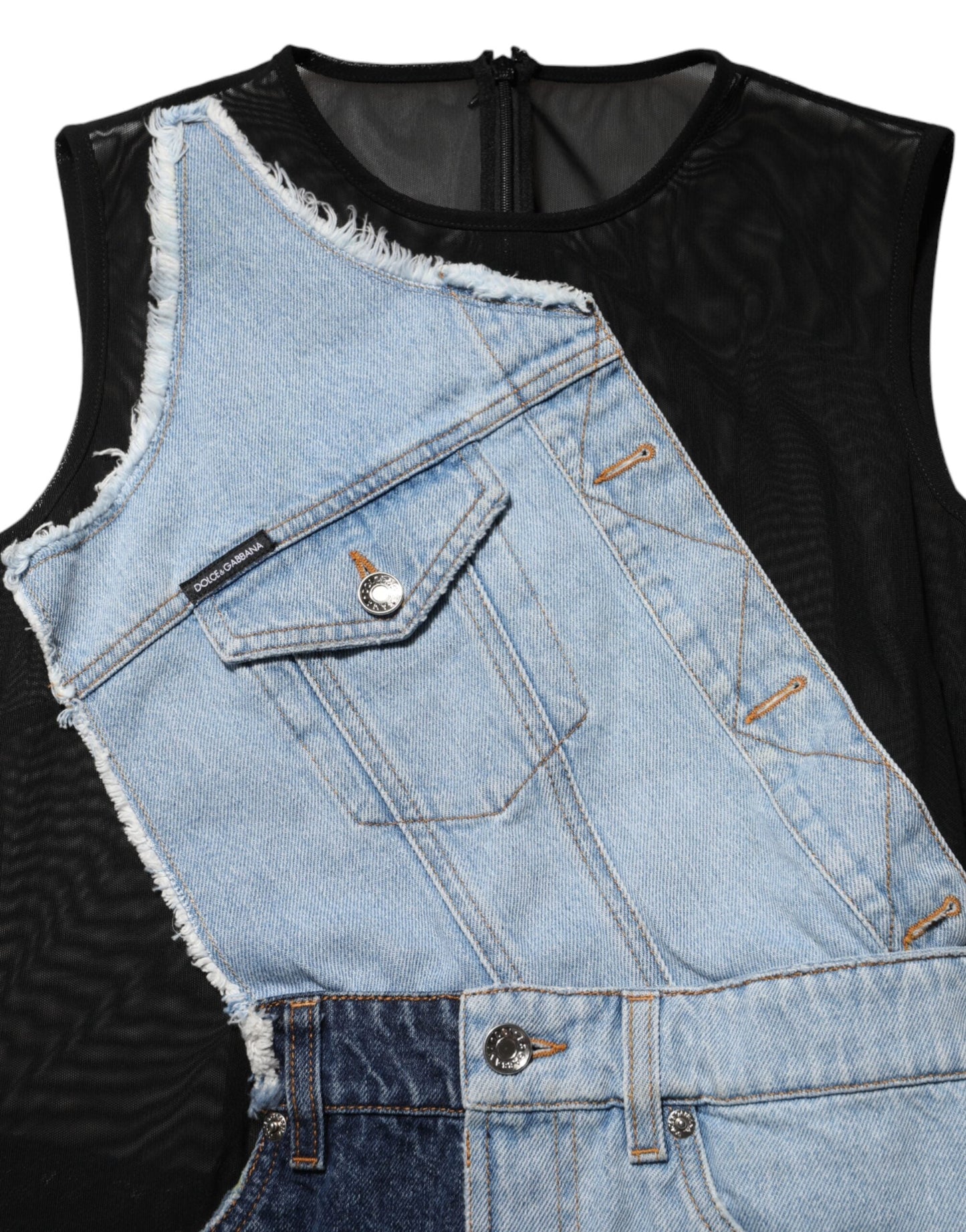 Blue Nylon Patchwork Denim Sheath Mini Dress