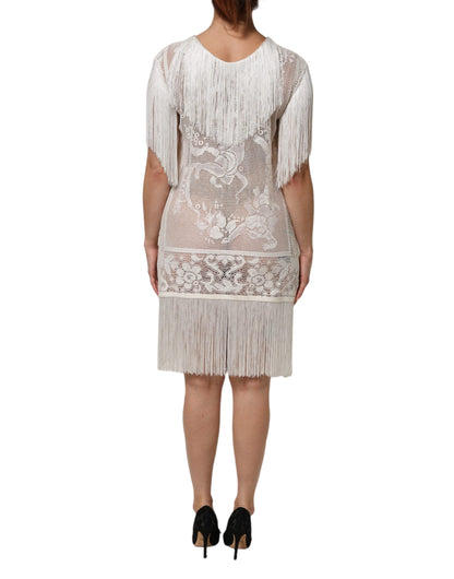 White Floral Lace Fringe Knee Length Dress