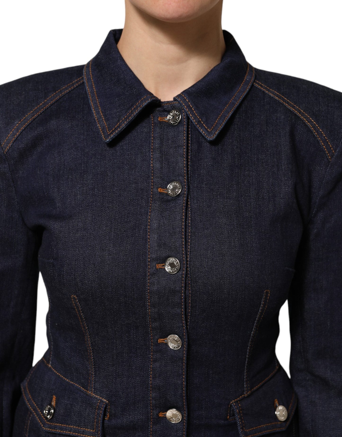 Dark Blue Cotton Collared Denim Coat Jacket