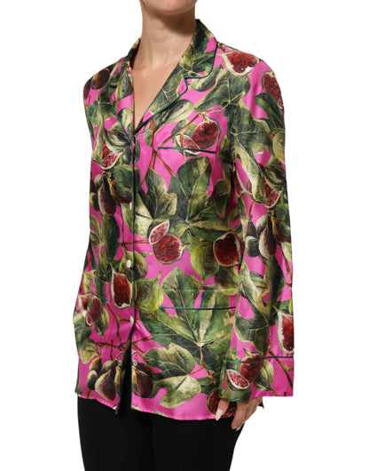 Hot Pink Fig Printed Silk Shirt Blouse Top