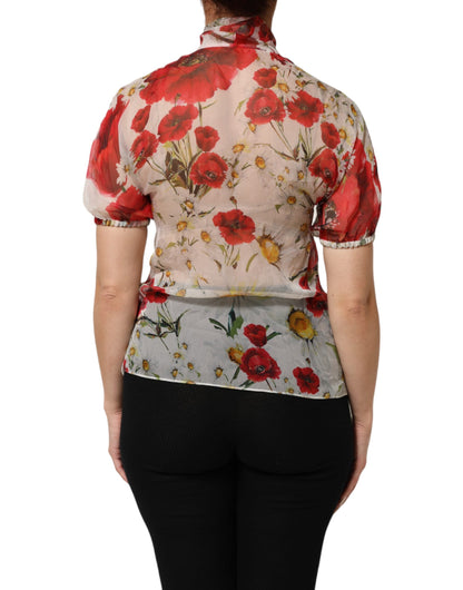 White Floral Tie-Neck Poppy Print Blouse Top