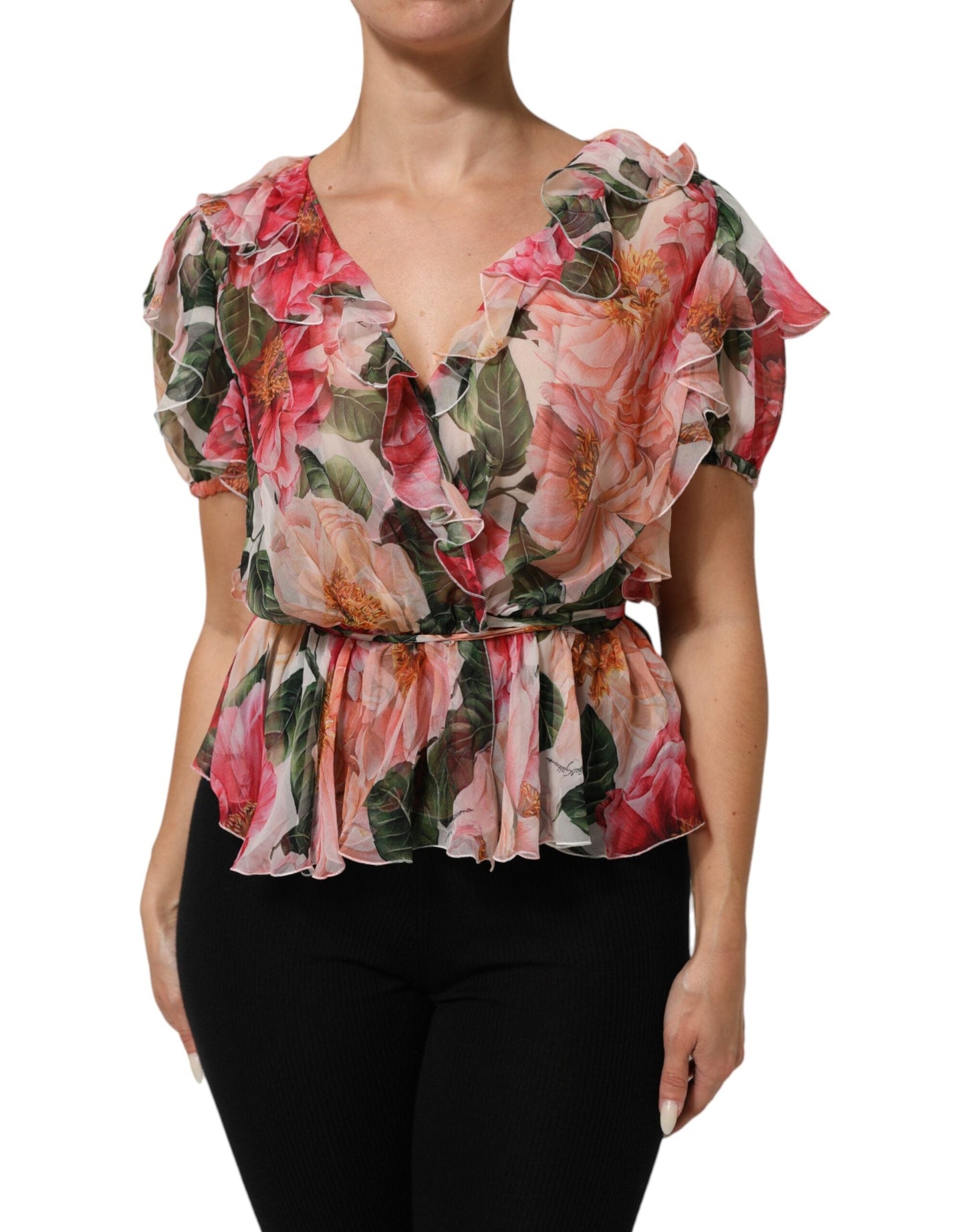 Pink Camellias Printed Silk V-neck Blouse Top
