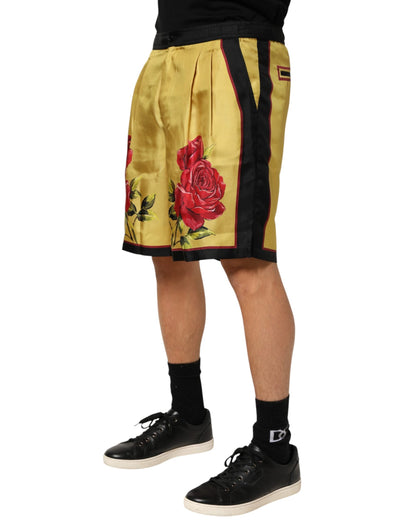Yellow Floral Print Silk Men Bermuda Shorts