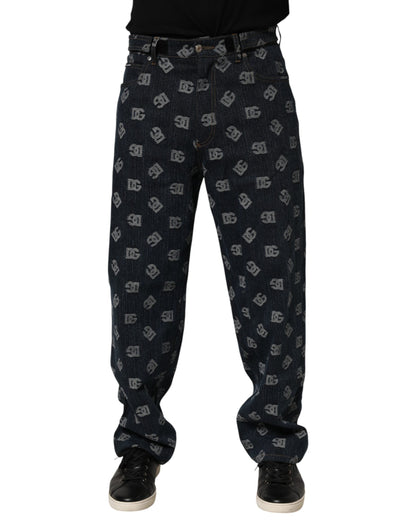 Blue Logo Print Straight Denim Men Jeans