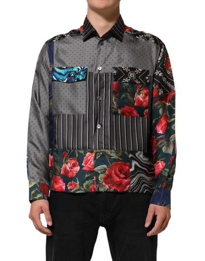Multicolor Patchwork Long Sleeves Silk Shirt