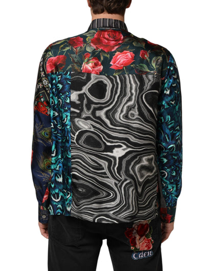 Multicolor Patchwork Long Sleeves Silk Shirt