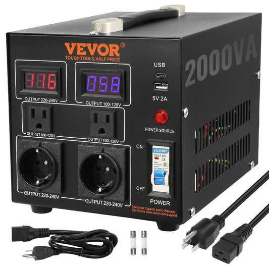 VEVOR Voltage Converter Transformer, 2000W, Heavy Duty Step Up/Down Transformer, Convert from 110 Volt to 220 Volt and  from 220 Volt to 110 Volt, with US Outlet EU Outlet 5V USB Port, CE Certified