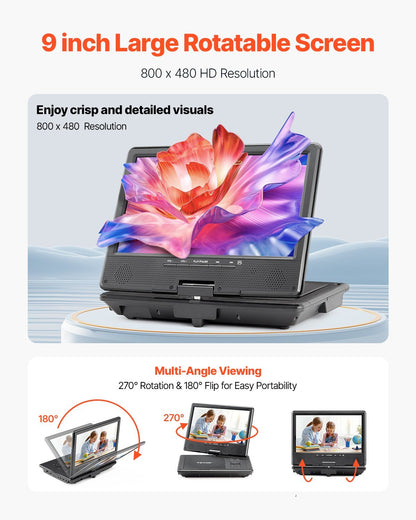 VEVOR Portable DVD Player 9 in HD Swivel Display Screen 4 Hours Built-in Battery