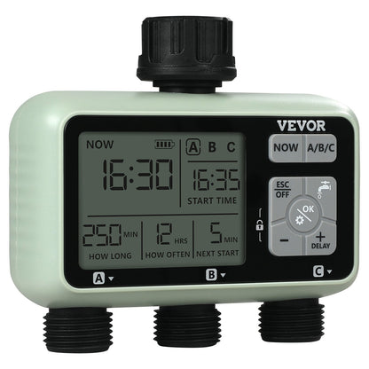 VEVOR Water Timer, 3 Outlets, Hose Watering Sprinkler Timer, with 3 Independent Watering Zone LCD Display Rain Delay Mode Manual Mode 360? Brass Inlet Metal Filter, IPX6 Waterproof for Yard Watering