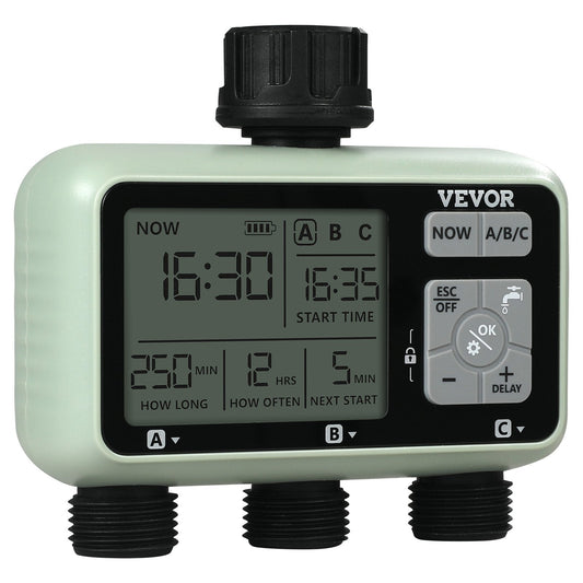 VEVOR Water Timer, 3 Outlets, Hose Watering Sprinkler Timer, with 3 Independent Watering Zone LCD Display Rain Delay Mode Manual Mode 360? Brass Inlet Metal Filter, IPX6 Waterproof for Yard Watering