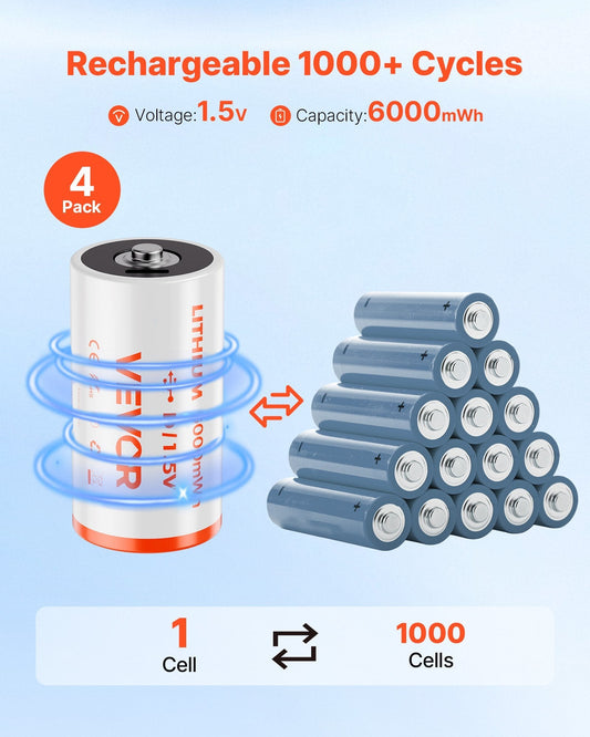 VEVOR Rechargeable D Batteries 4 Pack 1.5V 6000mWh Lithium D Battery USB-C Cable