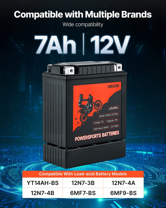VEVOR Motorcycle Battery 12V 7Ah YT14AH-BS High Performance Powersports Battery