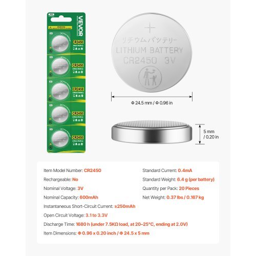 CR2450 Lithium Battery 4-Pack 3 Volt 600mAh Long-Lasting Coin & Button 20-Count