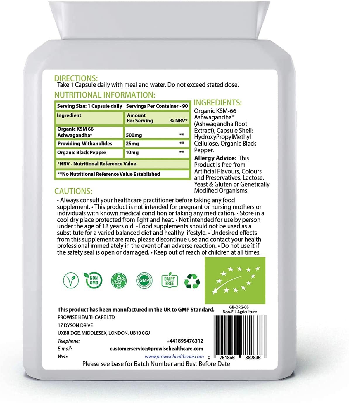 KSM-66 Ashwagandha with Organic Black Pepper 500mg 90 Capsules