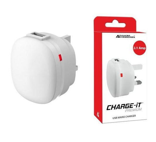 Advanced Accessories Charge-iT Premium USB Mains Charger Adapter 2.1Amp-white